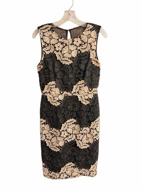 Calvin Klein Black and Cream Lace Midi Sheath Dress Cocktail, Professional